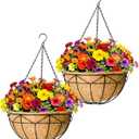 2 Pack 12" Round Metal Hanging Basket for Outdoor Plants Durable Large Hanging Planter with Coco Coir Round Plant Holders Planter for Outside Garden Decoration (Geometric)