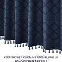 Siiluminisoy Extra Long Boho Farmhouse Shower Curtain Woven Fabric Navy Blue 84 Inch Curtain, 72 x Tufted Chevron Textured Striped Modern Minimalist Cloth Set with Hooks for Bathroom
