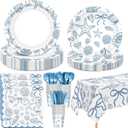 Havawish 120 Pcs Ocean Seashell Party Plates Supplies Blue Bow Beach Style Tableware with Starfish Coral Disposable Plates Napkins Cups Tablecloth Forks for Birthday Summer Coastal Party for 24 Guests