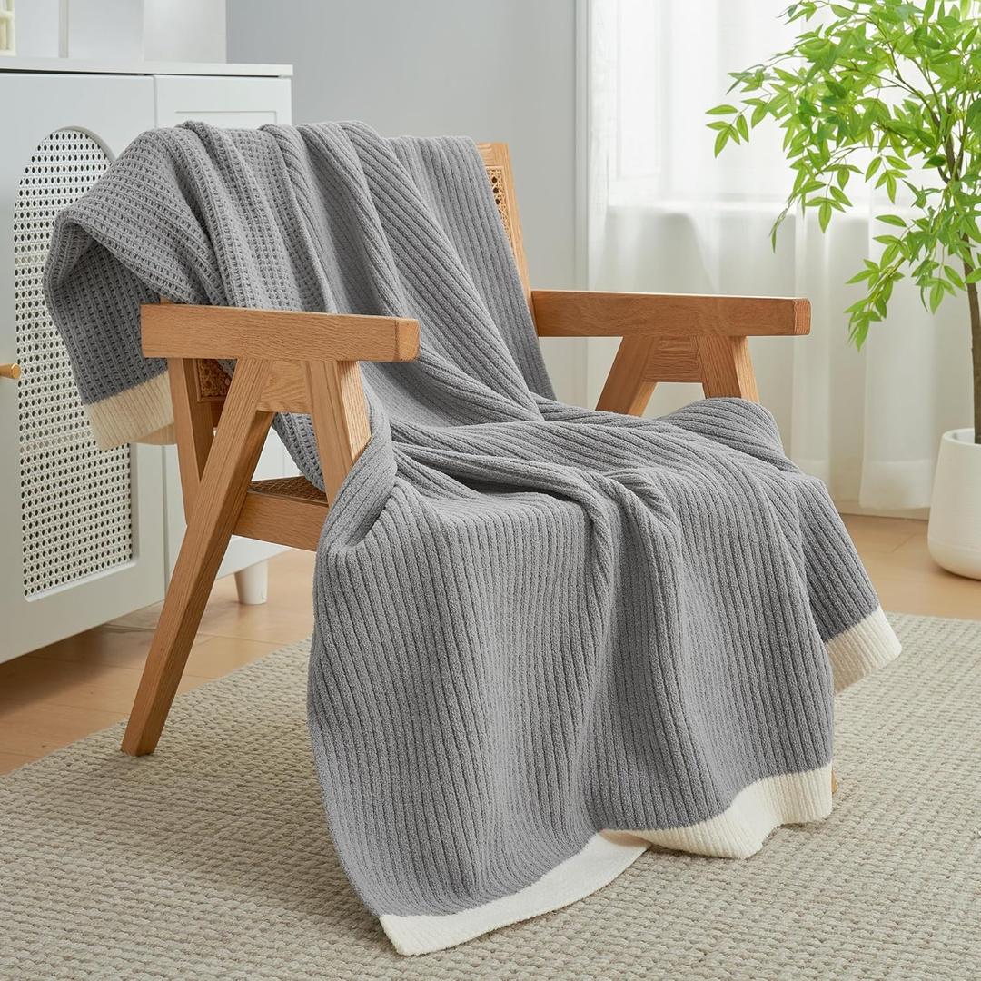 Amlie Home Chenille Waffle Throw Blanket for Couch, Reversible Soft Cozy Knit Blanket Lightweight Warm Decorative Throw for Sofa, Bed, Living Room, 50"x60", Grey
