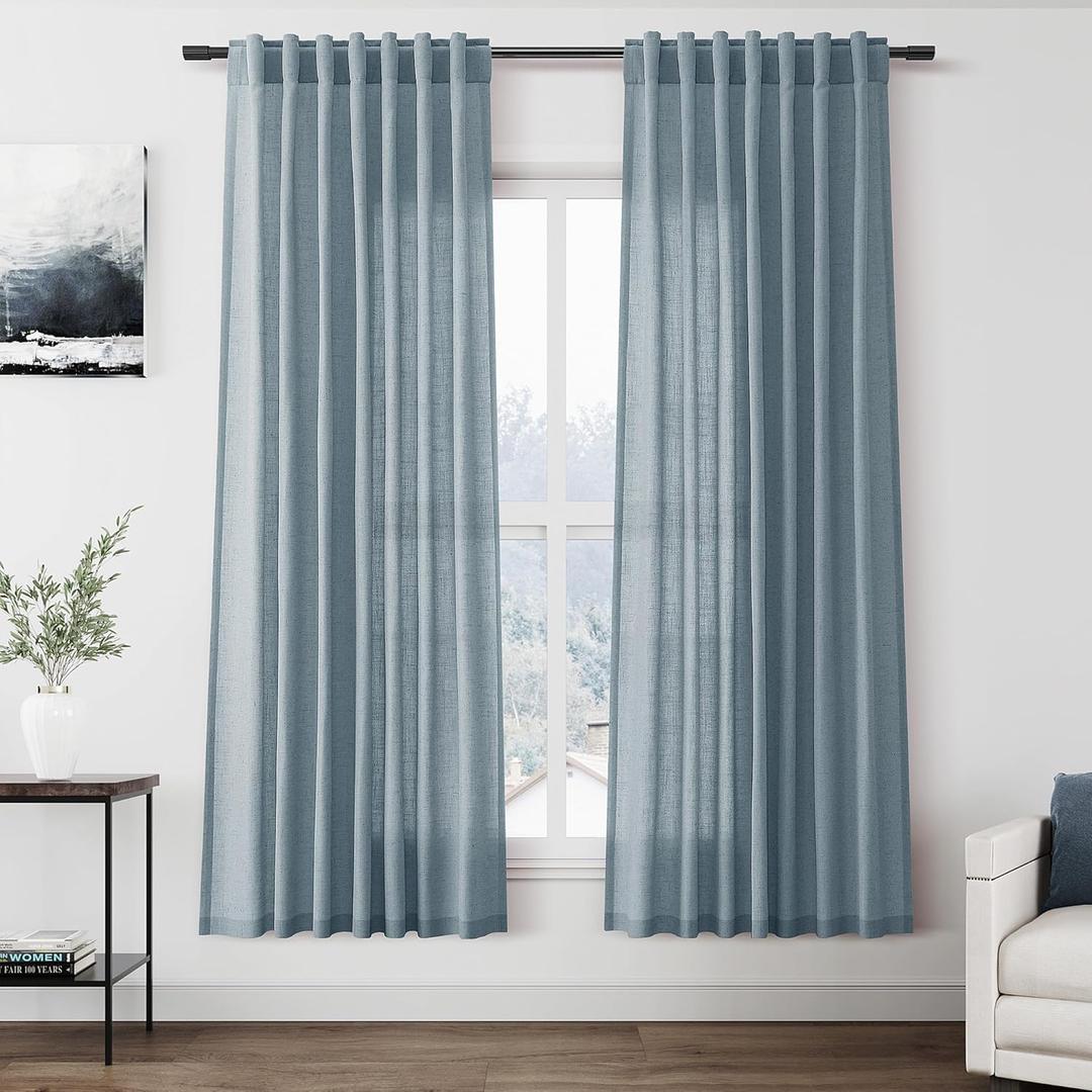 Nanspring Light Blue Linen Curtains 72 Inch Length for Living Room Semi Sheer Light Filtering Door Drapes 2 Panels Set for Kids Bedroom Light Filtering Back Tab Rod Pocket Modern Farmhouse Decor 52x72