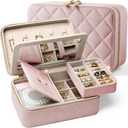 Velvet Travel Jewelry Box with Large Mirror, Double-Layer Jewelry Organizer Case for Women and Girls, Portable Storage Case with 6 Anti-Tarnish Bags Gift Ready for Her (Blush Pink)