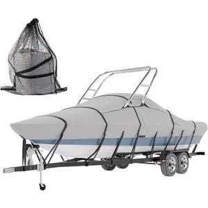 Tuszom 900D Solution Dyed 100% Waterproof Ski & Wakeboard Tower Boat Cover with 11+6 PCS Windproof Straps Fit V-Hull Runabouts OutBoards and I/O (Gray, 20'-22'L, Beam Width to 106" W)