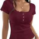 BAIGRAM Women Y2K Button Up Pointelle Minimalist Crop Tshirt Tops Short Sleeve Lace Trim Scoop Neck Henley Summer Shirt ,Size L