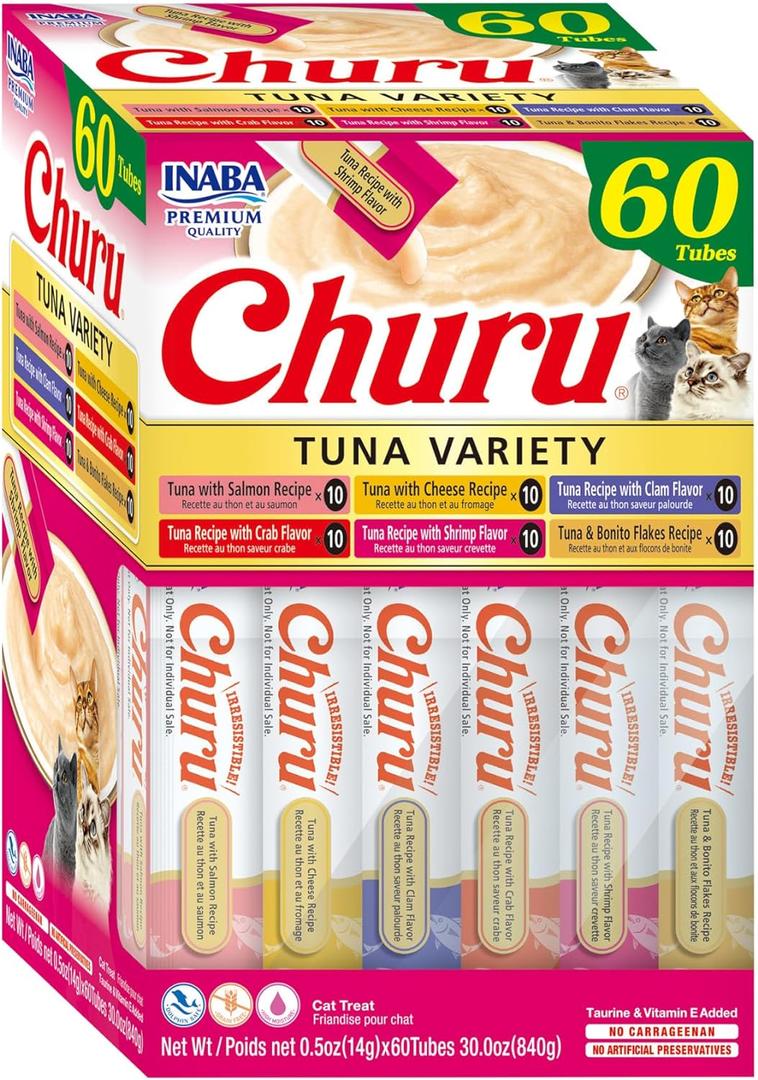 INABA Churu Cat Treats, Grain-Free, Lickable, Squeezable Creamy Pure Cat Treat/Topper, 60 Servings, Tuna Variety Box (0.5 Ounce (Pack of 60)) Exp: 01/01/27