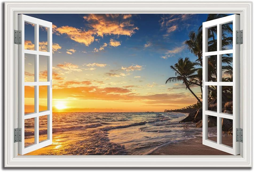 Seascape Beach Wall Art Print for Living Room - Window Frame Style Canvas Wall Decor Ocean Wave - Tropical Palm Tree Picture for Bedroom Office Home Decoration, 36"L x 24"W