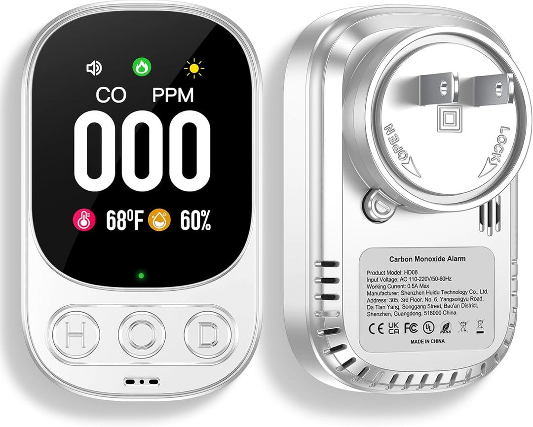 Carbon Monoxide Detector Plug in Wall, 3-in-1 CO Level Monitor Alarm with Temp/Humidity Sensor, Portable Carbon Monoxide Detectors Easy to Read & Install, for Home/Hotel/RV (White-1Pack)
