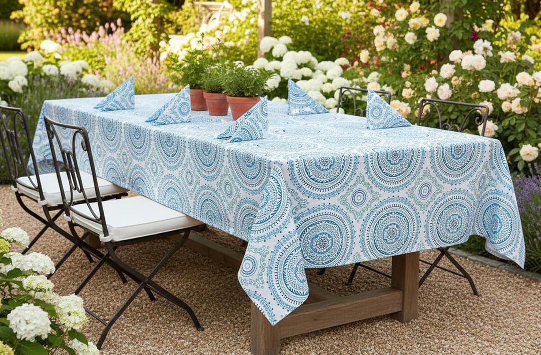 Newbridge 60 x 120 Inch Rectangle Fabric Tablecloth, Blue Circle Stitch, Indoor Outdoor No Iron Soil Resistant Dining Room, Party and Banquet Table Cover, Blue Modern Boho Chic Print