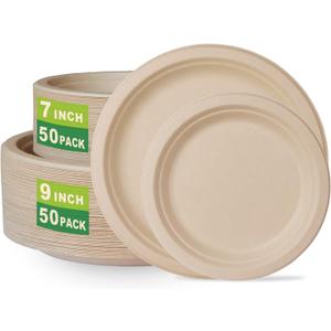 GreenWorks 7 inch and 9 inch Heavy-duty Compostable Plates (each 50 Count), 100 Count Unbleached Disposable Paper Plates (Large)