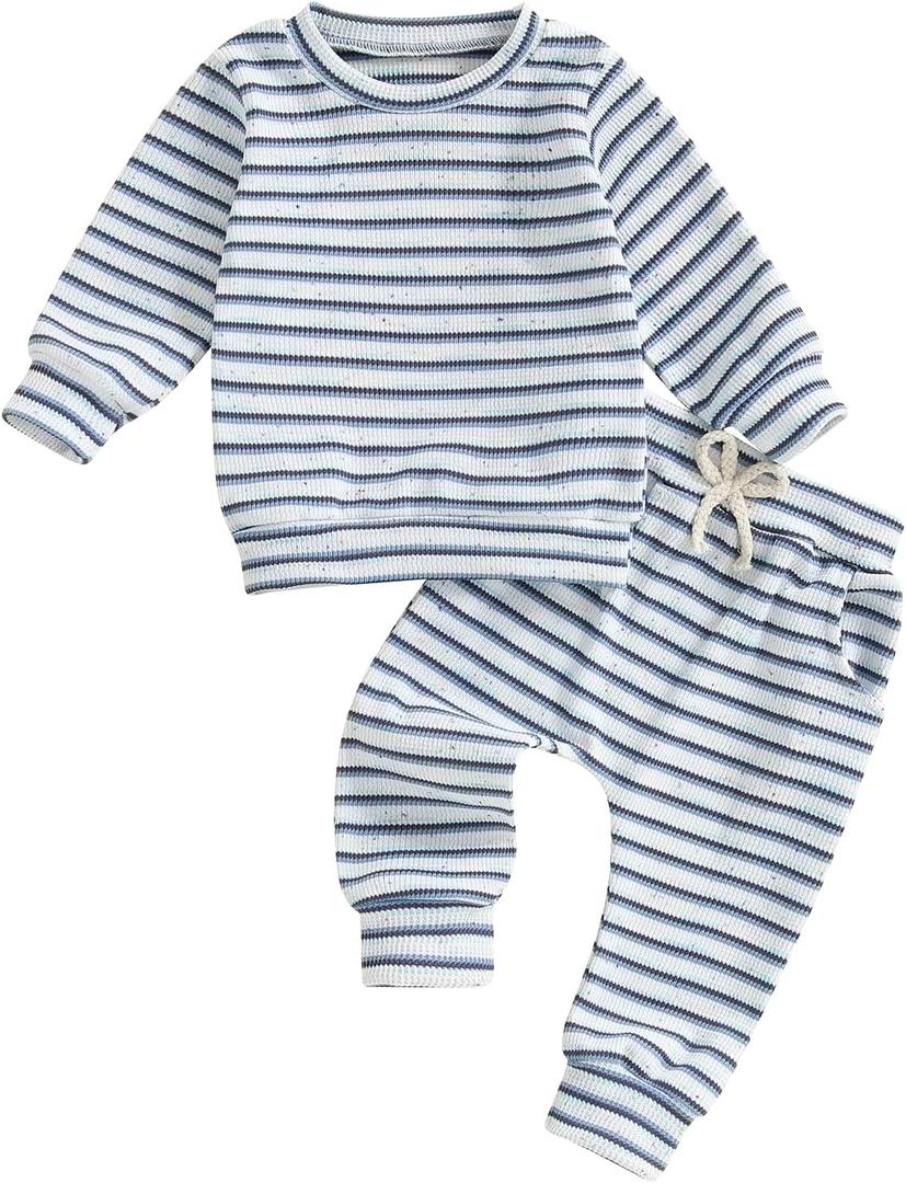 Winter Baby Boy Clothes Toddler Baby Boy Fall Outfit Waffle Knit Long Sleeve Sweatshirt Shirt Pants Clothing Set (Blue)