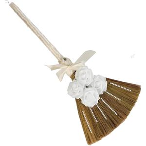 Wedding Broom for Jumping Ceremony, Decorative Broomstick DIY with Ribbons Artificial Roses & Sticky Pearl, African American Jumping The Broom for Wedding White Roses