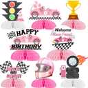 Pink Racing Car Birthday Party Decorations for Girls - 8PCS Race Car Honeycomb Centerpieces, Vintage Retro Let's Go Racing, Race on Over Welcome Race Fans Birthday Party Decorations