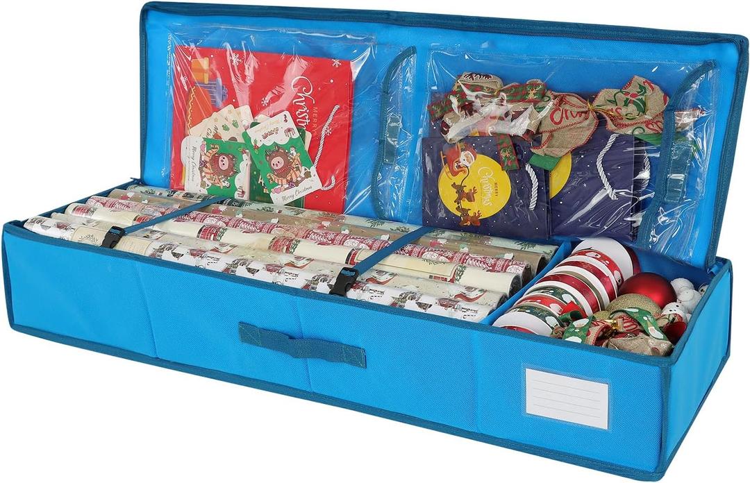 Bonnary Christmas Wrapping Paper Storage Container Fits up to 18-24 Rolls, Underbed Gift Wrapping Organizer with Interior Pockets, Gift Storage Bag for Wrapping Paper Rolls, Ribbon, Bows,Ornaments