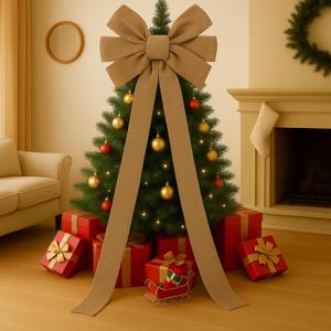 79'' x 20'' Extra Large Christmas Burlap Bow Tree Topper Rustic Giant Decorative Brown Bow with Long Streamers Neutral Big Christmas Decoration for Xmas Tree Outdoor Indoor Party Holiday Decor