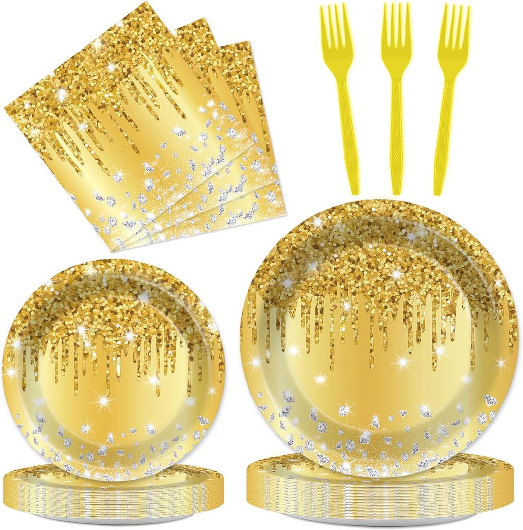 96 PCS Golden Birthday Party Decorations Tableware Set for Golden Themed Happy Birthday Supplies Diamond Gold Plates Napkins Forks for 24 Guests Men Women Anniversary Engagement Wedding Party Favors