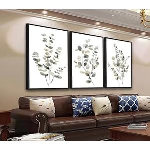 Large Framed Botanical Wall Art - Eucalyptus Leaf Wall Decor 16"x24" Set of 3 Taupe Simple Life Painting Prints Minimalist Farmhouse Plant Canvas Pictures for Living Room Bedroom Office Artwork