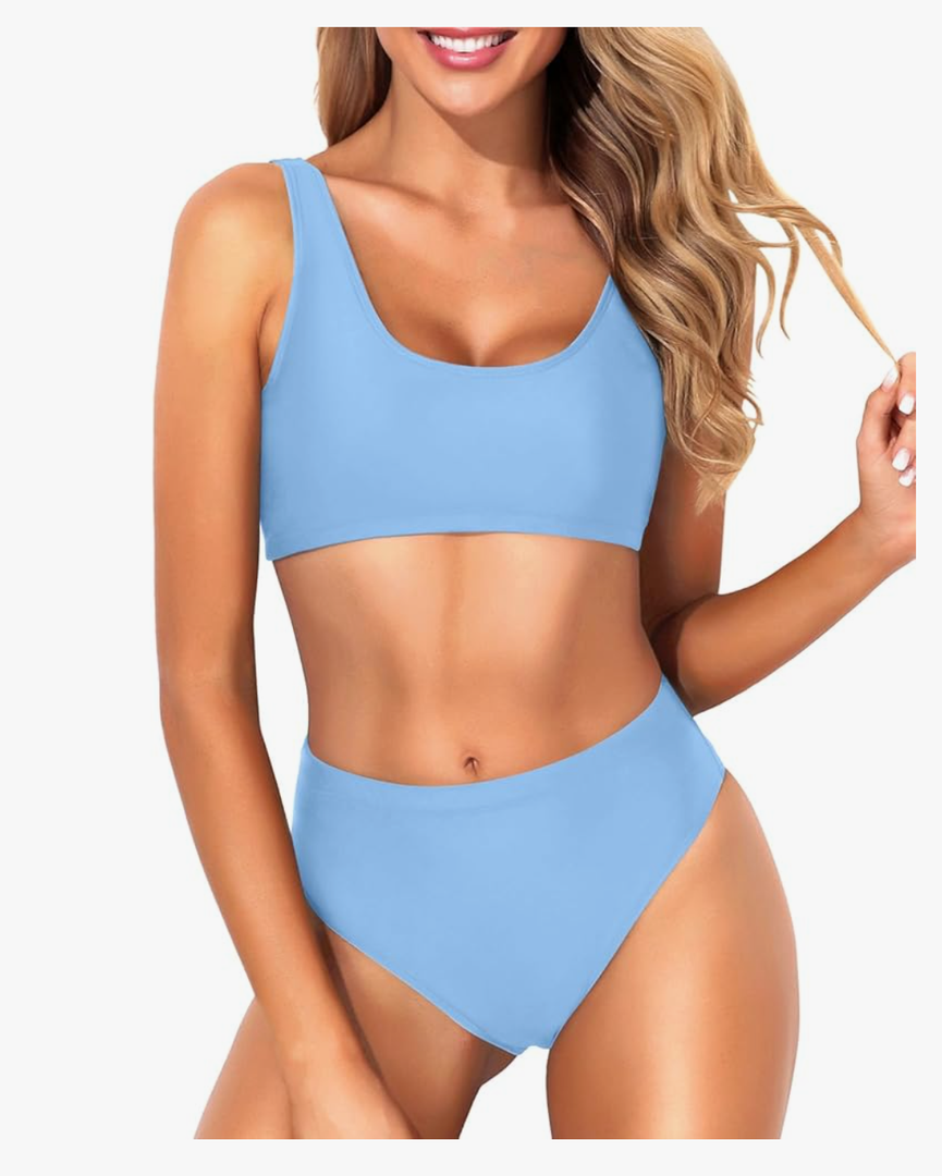 Tempt Me Women Black Two Piece Scoop Neck Bikini Crop Top Swimsuit Sporty High Waisted Bathing Suit Suit Medium,Light Blue