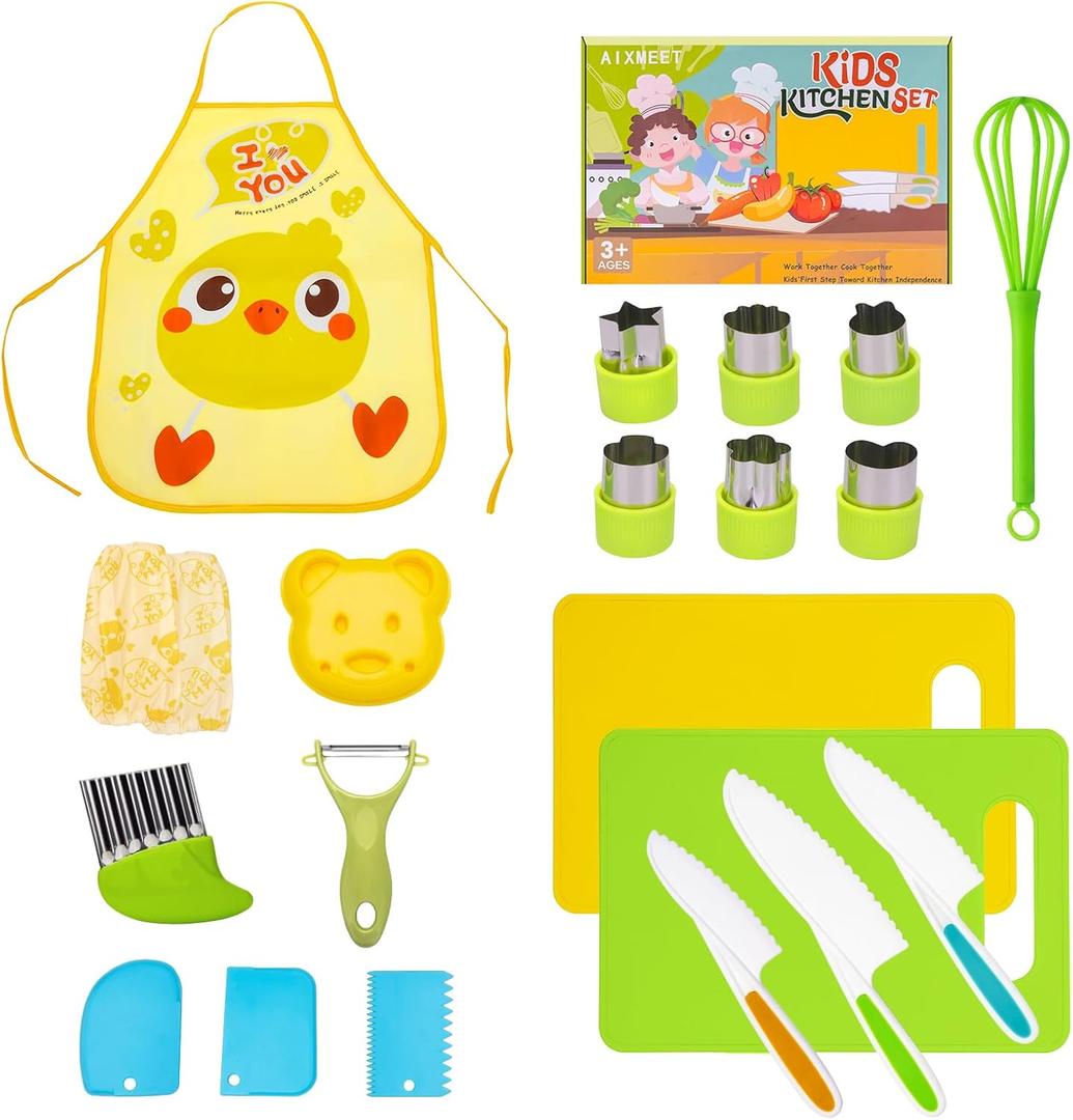 21pcs Kids Knife Set for Real Cooking, Toddler Knife Set, Montessori Kids Kitchen Knife Set with Cutting Board Crinkle Cutters Kid Safe Knives,3 4 5 6 7 8 9 10 Year Old Boys Girls Birthday Christmas (Multicolor 21pcs Set)