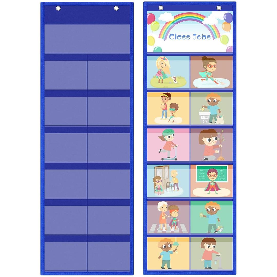 2 Pack Pocket Chart for Classroom 29.5 x 10 in 12+1 Pockets Hanging Wall File Organizer for Cards,Pictures,Class Management Educational Behavior Chart,Teacher Office Organization(Blue)
