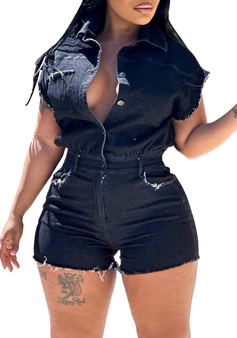 Tcremisa Women's Vintage Distressed Short Denim Jumpsuit Stretch Short Sleeve Button Down Cargo Jean Rompers (Black, XL)