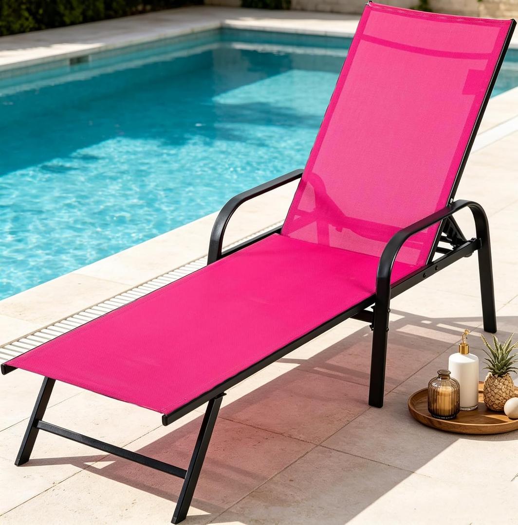 DUMOS Outdoor Lounge Chaise, 5-Position Chaise Lounge with Armrests, Sun Tanning Chair 350 lbs Heavy Duty Patio Pool Chair, Waterproof Sun Lounger for Deck, Backyard, Beach, Rose Pink