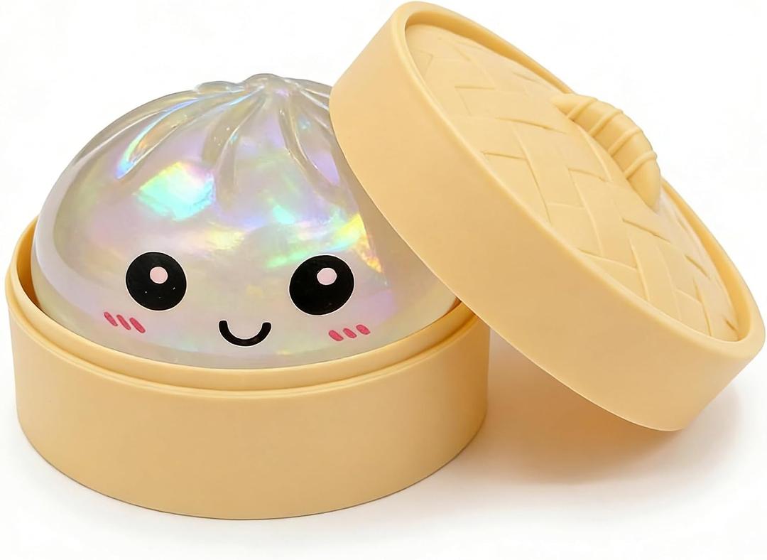 Glitter White Dumpling Squishies with Box, New Mystery Squishys Dumplings Stress Relief Balls Fidget Sensory Toy,Bao Bun with Food Steamer Stretchy Desk Squeeze Toys
