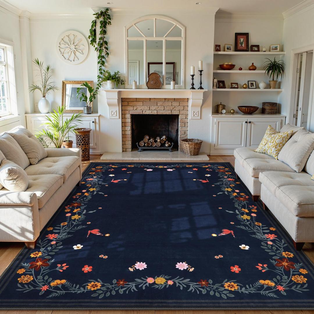 Beeiva Floral Washable Rugs 8x10, Large Soft Navy Blue Rug for Living Room Non-Slip, Ultra-Thin Room Carpet Bedroom Stain Resistant Under Table Carpet Low Pile (Navy,8'x10')