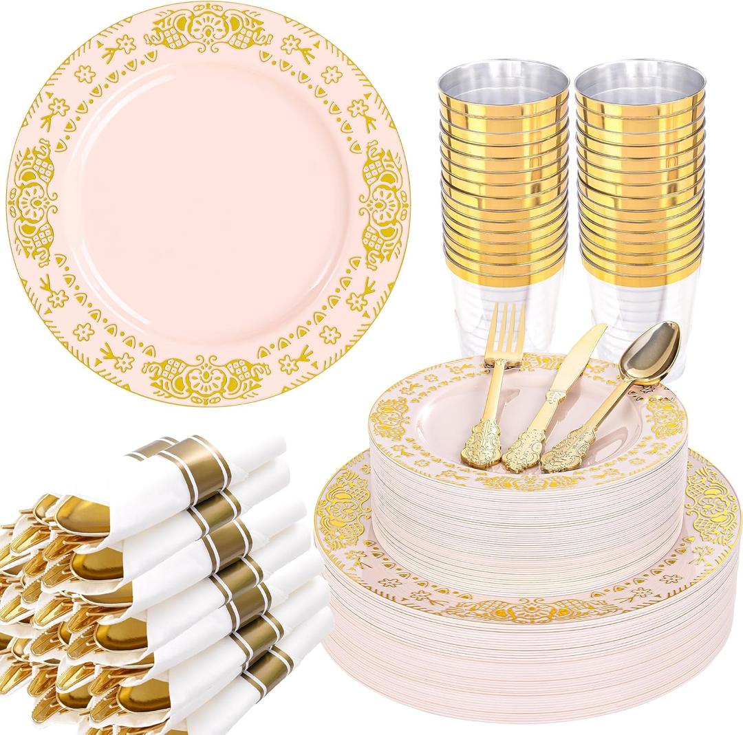 GATHER 350PCS Pink and Gold Plastic Plates - Gold Disposable Dinnerware Set Include 50 Dinner Plates, 50 Dessert Plates, 150 Plastic Silverware, 50 Napkins, 50 Cups for Wedding & Mother's Day