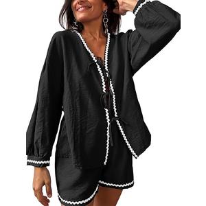 Tankaneo Womens 2 Piece Pajama Lounge Linen Set Tie Front Long Sleeve Shirt Shorts Sets Vacation Travel Outfits