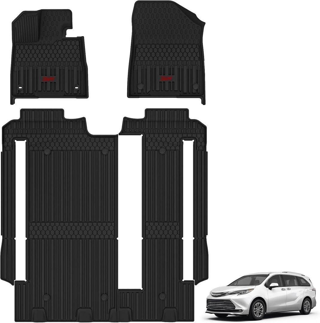 3W Floor Mats for Toyota Sienna 2021-2026 LE/XLE (Only for 8 Seat), TPE All Weather Custom Fit Floor Liner for Sienna Accessories 1st, 2nd and 3rd Row with Red Accent