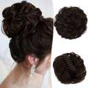 RUWISS Claw Clip Messy Bun Hair Piece 100% Real Human Hair Buns Wavy Curly Chignon Hair Bun Extensions Tousled Updo Hair Buns Claw Clip Ponytail Hairpieces(Dark Brown with 15% Dark Cocoa Blonde) (40g)