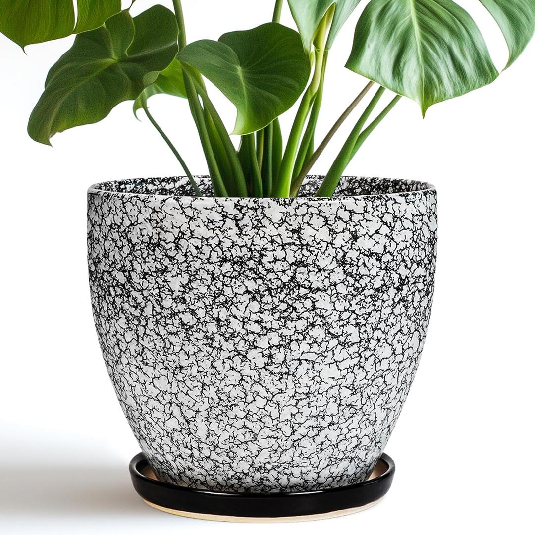Ceraimc Plant Pot - 8 Inch Planter with Drainage and Saucer, Modern Round Planter, Flower Pot for Indoor Outdoor Plants, Home Room Garden Apartment Decor, Gifts for Plant Lovers, White-Black (Black-wood Crack)