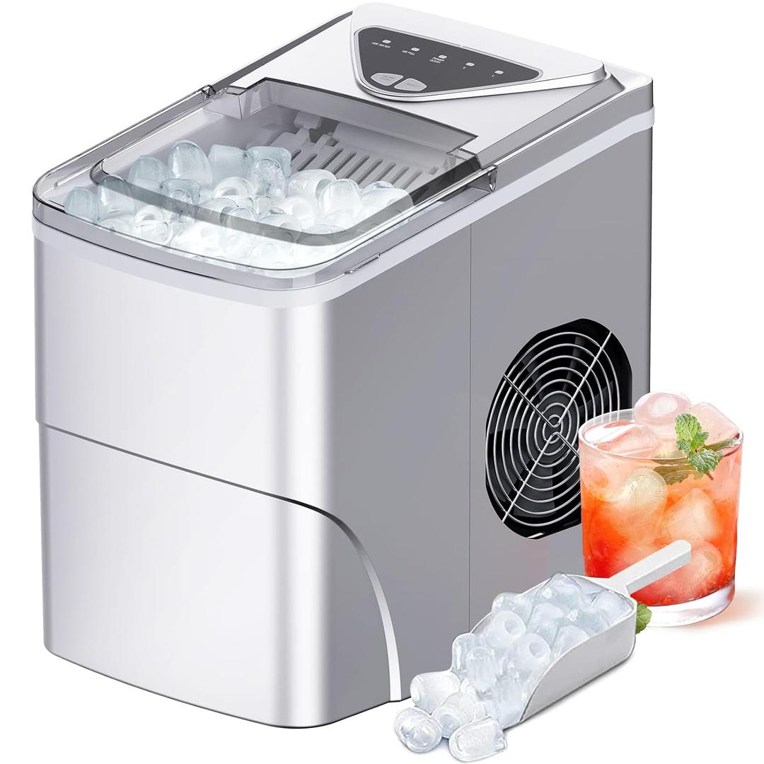 Silonn Ice Makers Countertop, 9 Cubes Ready in 6 Mins, Self-Cleaning Ice Machine with Ice Scoop and Basket, 26lbs in 24Hrs, 2 Sizes of Bullet Ice for Home Kitchen Office Bar Party, Sliver