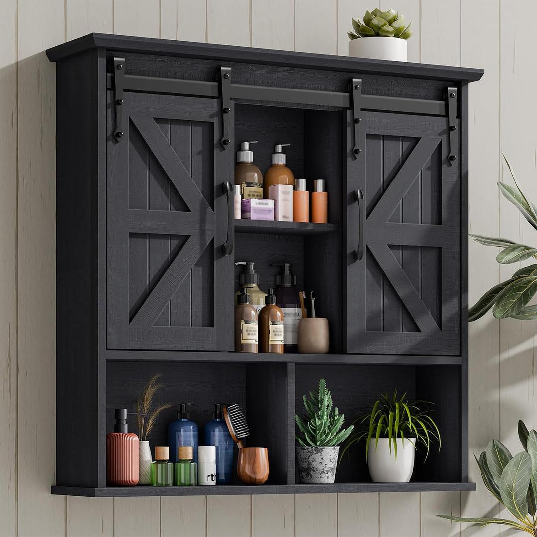 Vabches Bathroom Wall Cabinet, Farmhouse Medicine Cabinet with Double Sliding Barn Door and Adjustable Shelves, Wooden Vintage Storage Cabinet Wall Mounted for Bathroom, Kitchen Dining, Black, 31.5"W X 30.7"H X 7.76"D