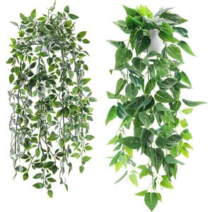 Der Rose 2Pcs Fake Plants Artificial Potted Faux Hanging Ivy Vines Plants Indoor for Home Bathroom Shelf Wall Bookshelf Decor