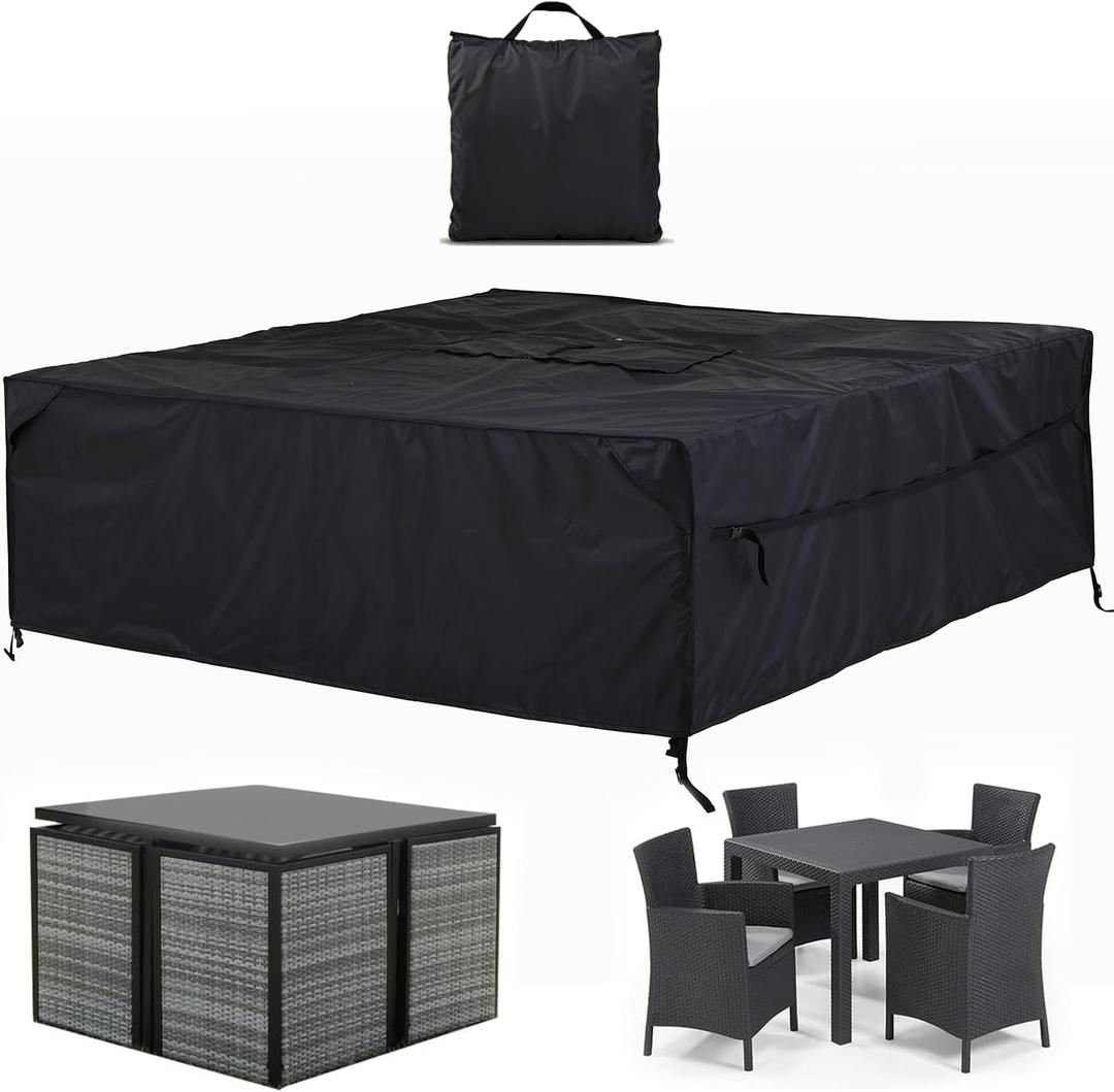 Patio Furniture Covers Waterproof - 420D Outdoor Table and Chair Set Cover with Built-in Storage Bag - Rectangular Patio Table Cover for 4-Seat Dining Set or Sectional Sofa - Black