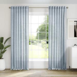 Blue Linen Curtains 108 Inches Long for Living Room 2 Panels Set Back Tab Pocket Farmhouse Boho Light Filtering Semi Sheer Dusty Stone Blue Curtains for Bedroom Dining Room, 9 FT Tall, Grey Blue, 50"W x 108"L