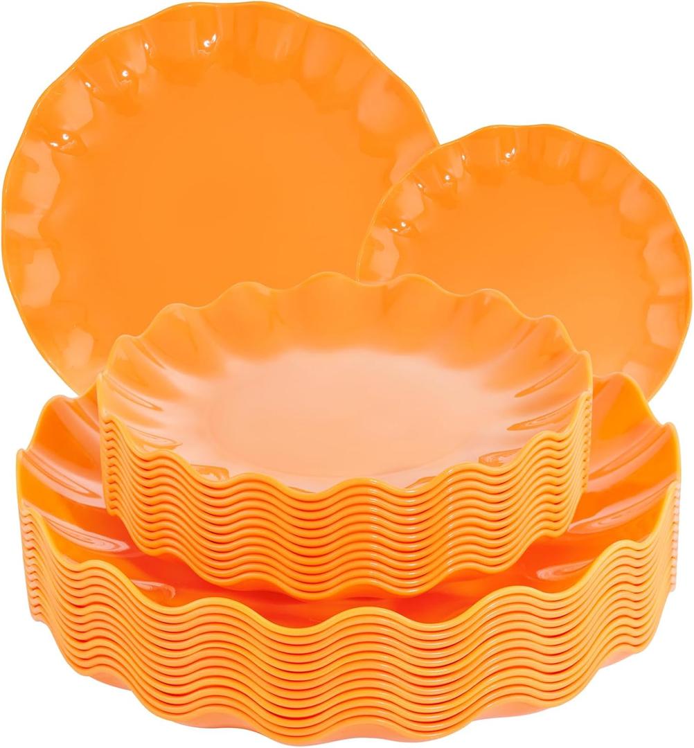 LIYH 24 Pcs Orange Scalloped Plates - Sturdy Plastic Orange Plates for Halloween & Thanksgiving Party Dishwasher Safe Reusable (12 Guests)