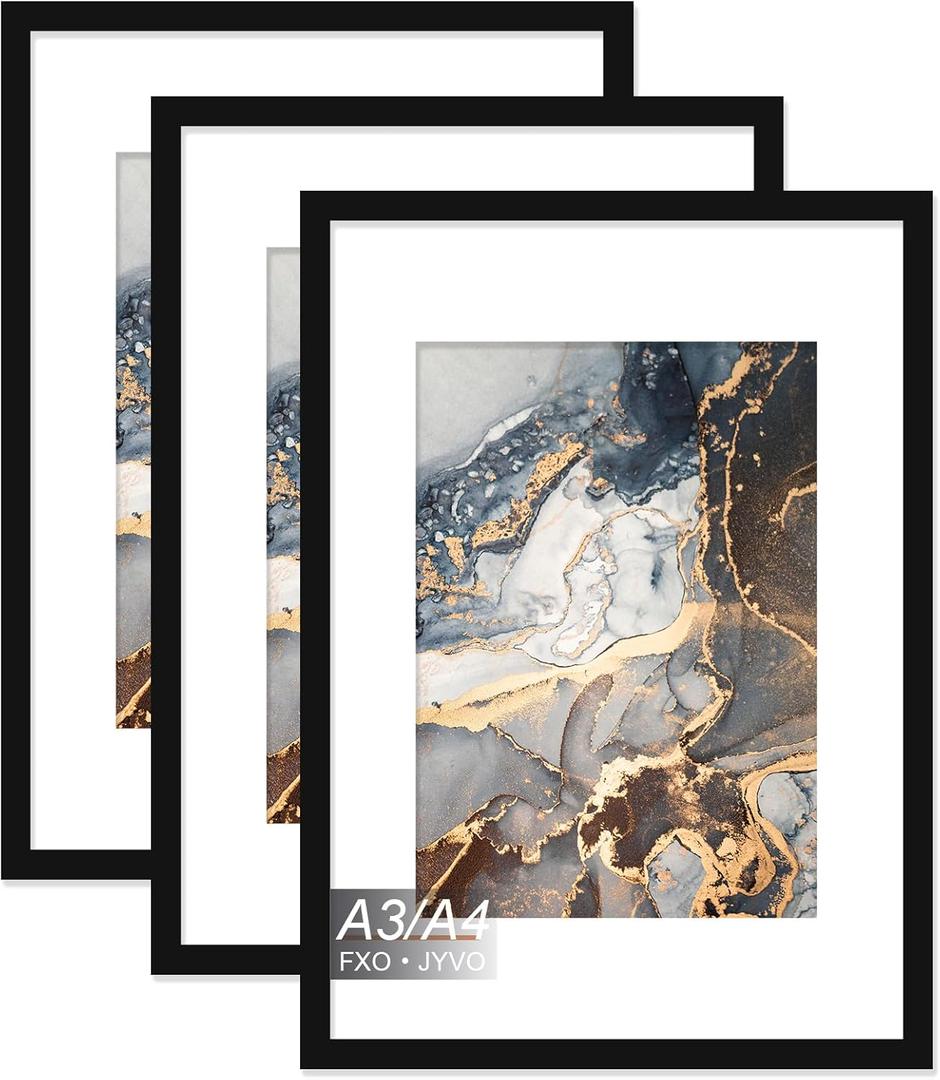 A3/A4 Picture Frames, 3 Pack/Black/A3, Modern Style, Lightweight, Wall Mount, Vertical Orientation, Plastic Frame & Cover, Marble Pattern