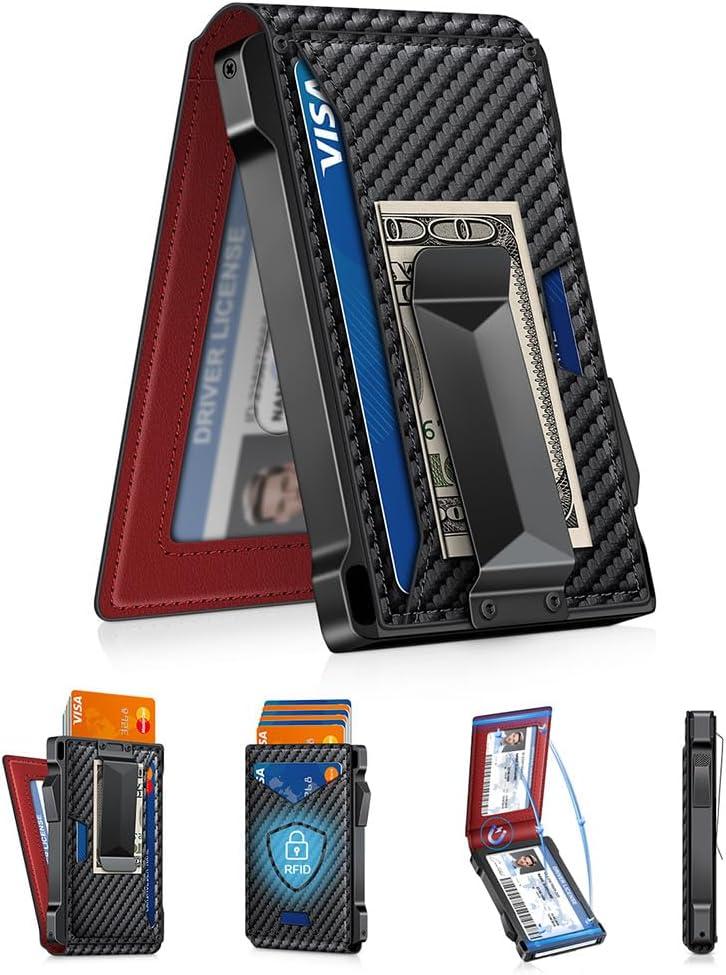 Wallet for Men RFID Wallet with 2 ID Windows & Money Clip, Slim Pop Up Card Holder for 10-12 Cards, Bifold Minimalist Smart Wallet for Front Pocket, Compact Metal Credit Card Holder, Gifts for Men (Carbon Fiber + Red)