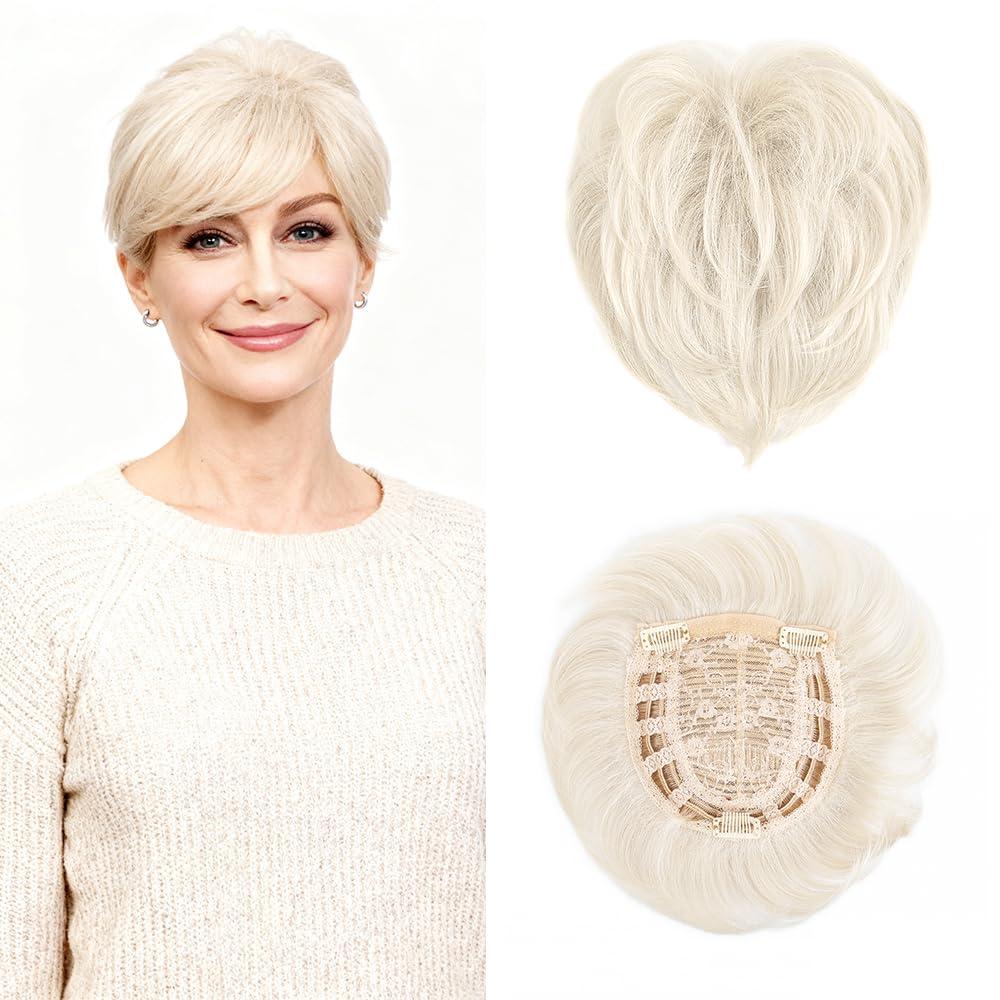 Short Hair Topper for Thinning Hair 5.5 Inch Short Pixie Cut Toppers Pieces Natural Curly Texture Synthetic Light Ash Blonde Wiglets Hairpieces (5.5 inch)