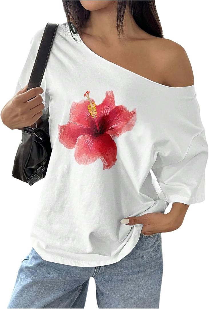 Women's Oversized Off Shoulder Graphic Tees Short Sleeve Bow Letter Print T Shirts Y2K Tops (XL)