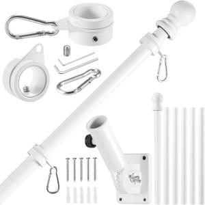 BONWIN White Flagpole Kits, 7 FT Thickened Stainless Steel House Porch Wall Flag Pole Kit for 3x5'/4x6' Flag, 1" Anti-Wrap Spinning Flag Pole Ring Clips & 180 Adjustable Multi-Position Bracket Holder