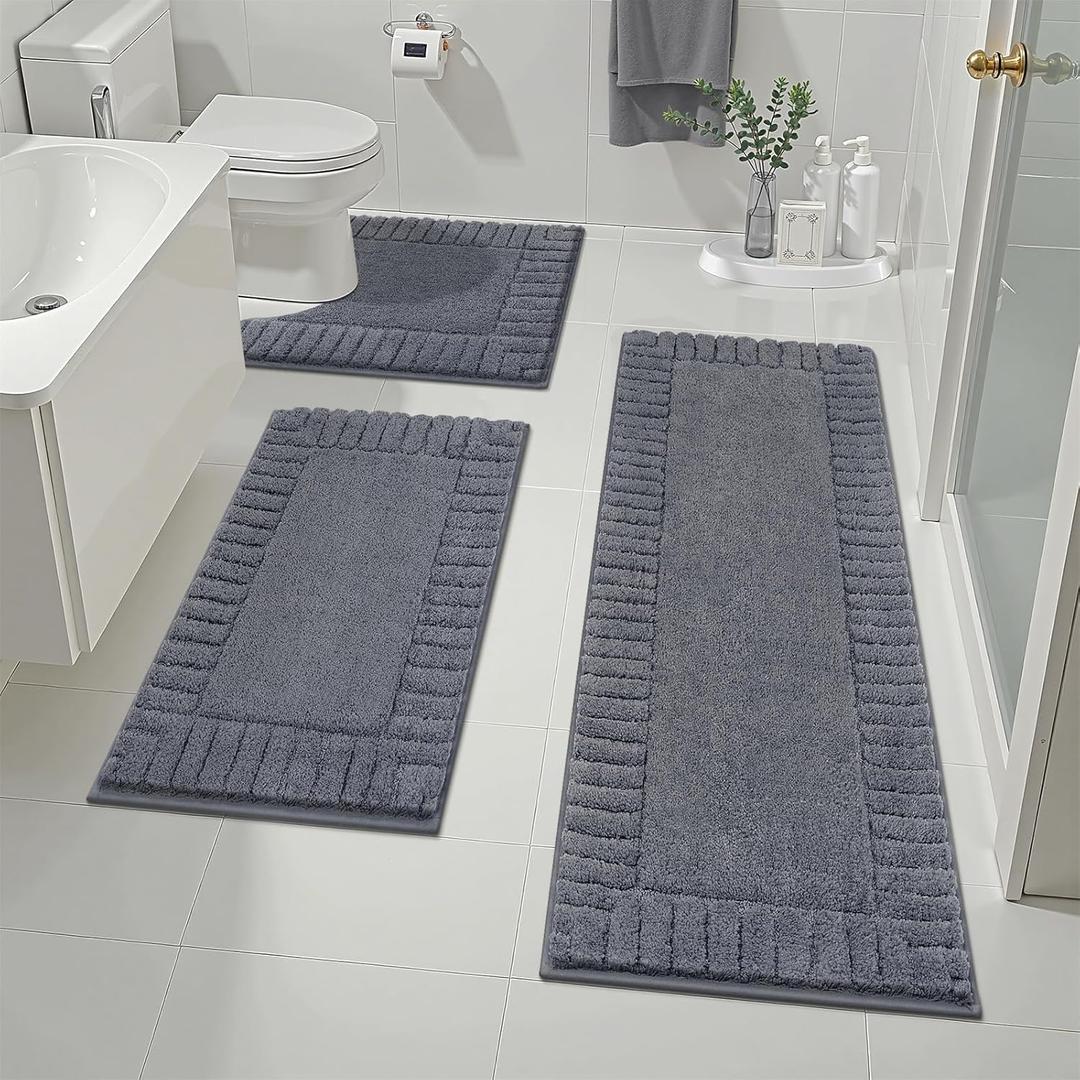 Pauwer Bathroom Rugs Sets 3 Piece Bathroom Shower Rugs with U-Shaped Contour Toilet Mat Absorbent Microfiber Plush Bath Mats Non Slip Bath Rugs Machine Washable Shaggy Bath Mat Set, Dark Grey