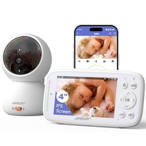 Jeeber 1080P WiFi Baby Monitor with Camera and Audio, Pan-Tilt-Zoom Video Camera, 4'' IPS Screen, HD Night Vision, Motion & Cry Detection, 360° View, Temperature Sensor, Feeding Reminder, Lullabies