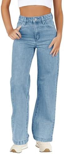 Haloumoning Girl’s Elastic Waist Jeans Straight Leg Demin Pants Casual Stretch Long Pants with Pockets 5-14 Years, 150