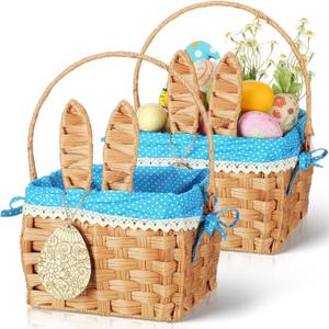 1pcs Wicker Easter Basket Wicker Picnic Basket with Tag Empty Rattan Bunny Basket with Handles & Liner Willow Hamper Basket for Eggs & Candy Storage Fruit(Blue Polka Dots)