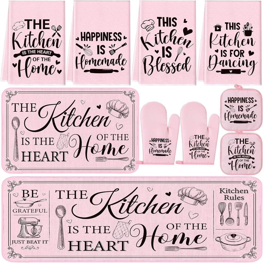10 Pcs Christmas Farmhouse Kitchen Decor and Accessories Set 4 Kitchen Towels 2 Pot Holders 2 Oven Mitts 2 Rugs for Thanksgiving Cooking Baking Daughter Mom Gifts, (Pink,Classic Style)