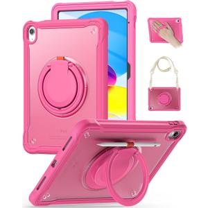 BRAECN for iPad (A16) 11th/10th Generation Case 11 inch 2025/10.9'' 2022 Handle Protective Cover 360 Rotating Ring Stand, Shockproof Dropproof Case for Kids Kickstand & Pencil Holder & Shoulder Strap (Rose Red)