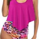 Women High Waisted Bikini Swimsuit Plus Size Flounce Top Vintage Tummy Control Bottom Two Piece Tankini Bathing Suits (Medium, Purple Leopard)